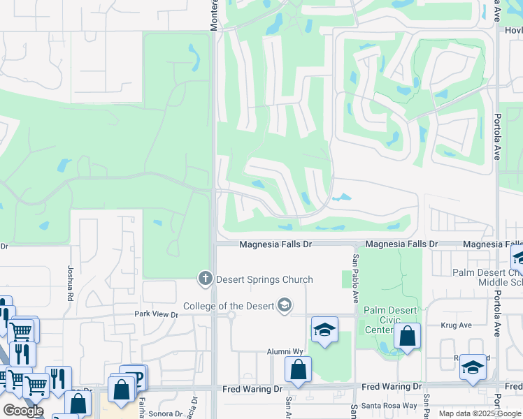 map of restaurants, bars, coffee shops, grocery stores, and more near 171 Gran Via in Palm Desert