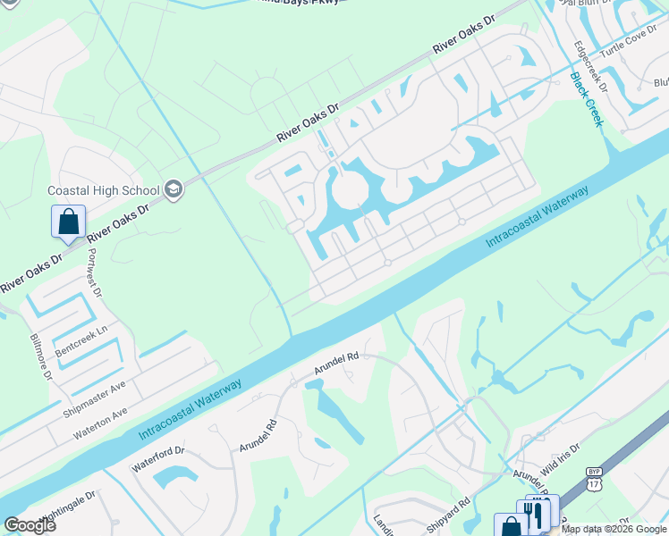 map of restaurants, bars, coffee shops, grocery stores, and more near 724 Crystal Water Way in Myrtle Beach