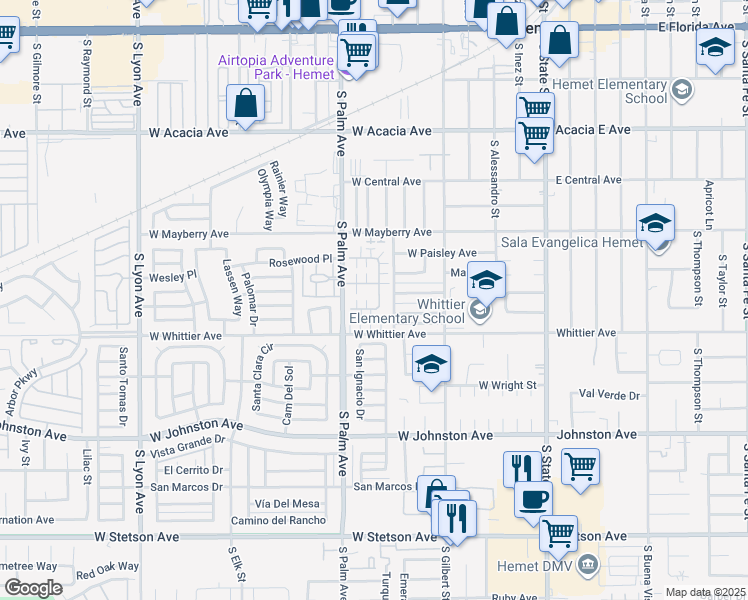map of restaurants, bars, coffee shops, grocery stores, and more near 665 Ironwood Street in Hemet