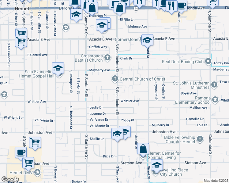 map of restaurants, bars, coffee shops, grocery stores, and more near 1265 Olive Tree Lane in Hemet