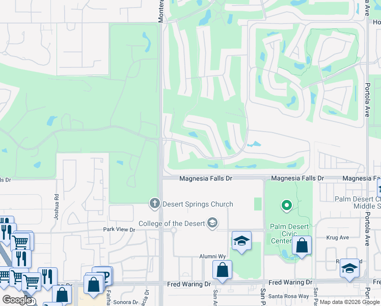 map of restaurants, bars, coffee shops, grocery stores, and more near 175 Gran Via in Palm Desert