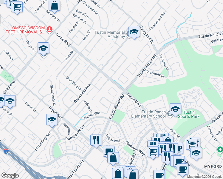 map of restaurants, bars, coffee shops, grocery stores, and more near 2162 Ventia in Tustin