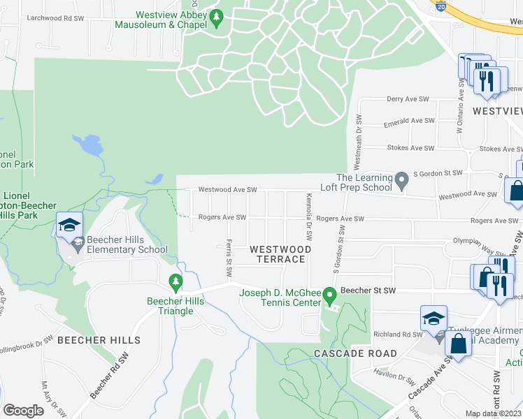 map of restaurants, bars, coffee shops, grocery stores, and more near 637 Montevista Street Southwest in Atlanta