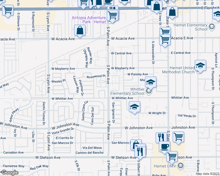 map of restaurants, bars, coffee shops, grocery stores, and more near 882 Evergreen Street in Hemet