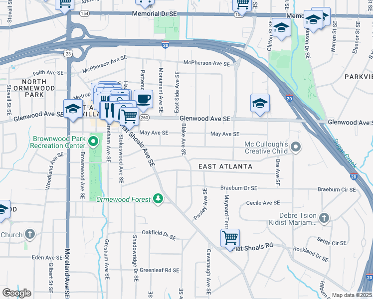 map of restaurants, bars, coffee shops, grocery stores, and more near 604 Blake Avenue Southeast in Atlanta