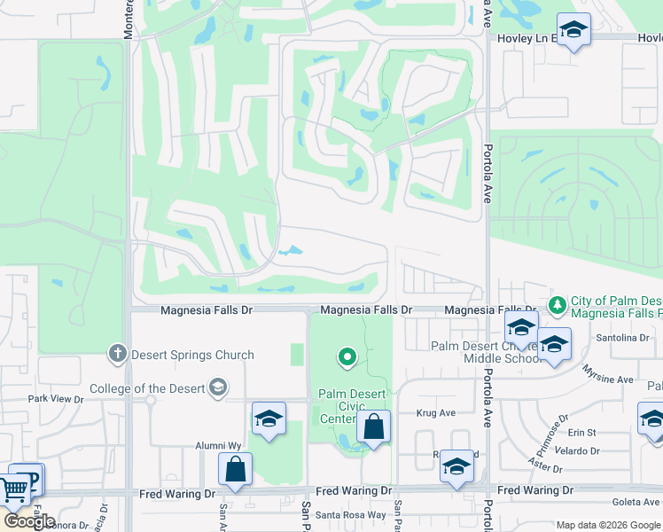 map of restaurants, bars, coffee shops, grocery stores, and more near 250 Calle Del Verano in Palm Desert