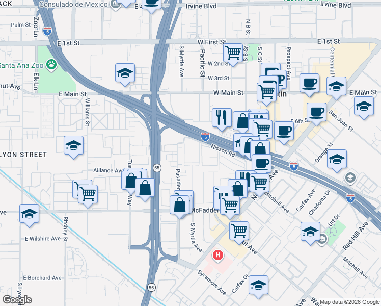 map of restaurants, bars, coffee shops, grocery stores, and more near 15482 Pasadena Avenue in Tustin