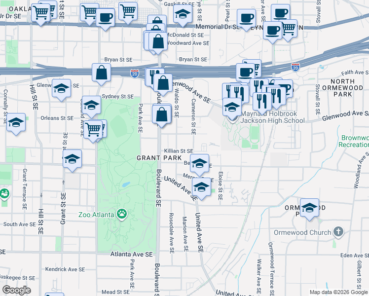 map of restaurants, bars, coffee shops, grocery stores, and more near 658 Killian Street Southeast in Atlanta