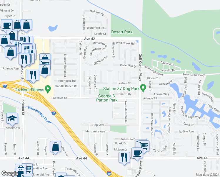 map of restaurants, bars, coffee shops, grocery stores, and more near 83680 Novilla Drive in Indio