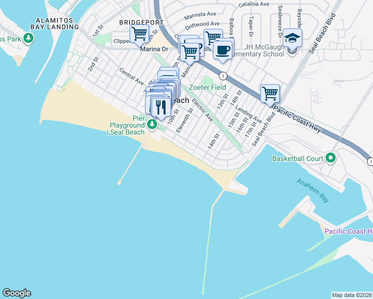 map of restaurants, bars, coffee shops, grocery stores, and more near 1207 East Seal Way in Seal Beach