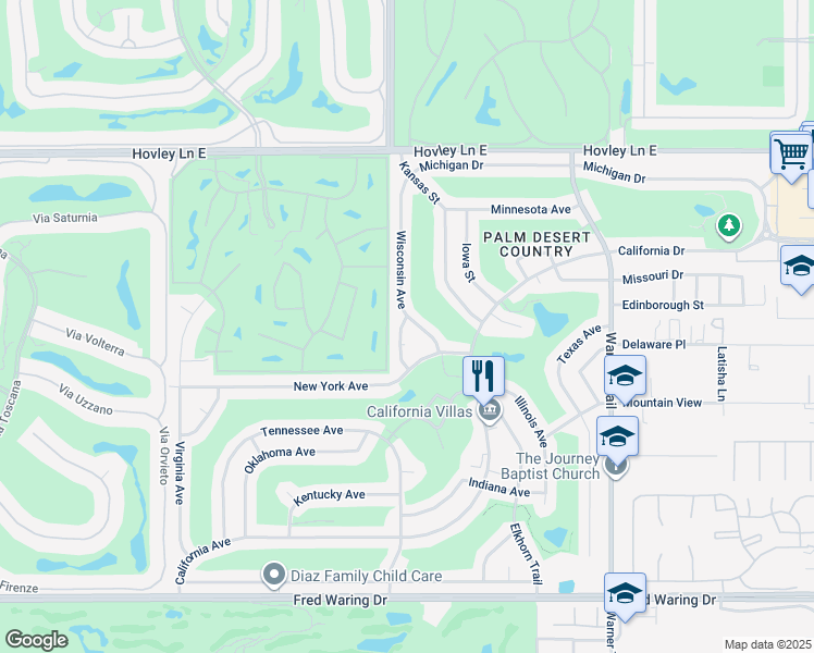 map of restaurants, bars, coffee shops, grocery stores, and more near 42845 Wisconsin Avenue in Palm Desert