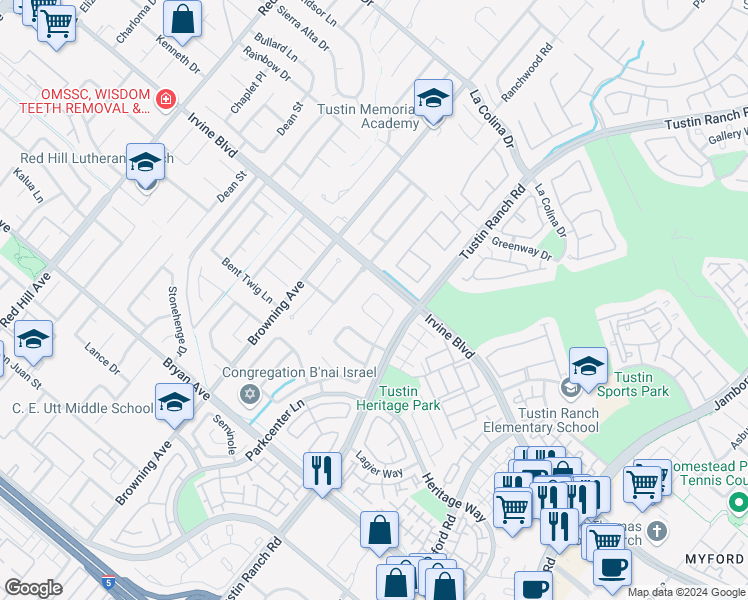 map of restaurants, bars, coffee shops, grocery stores, and more near 2162 Ventia in Tustin
