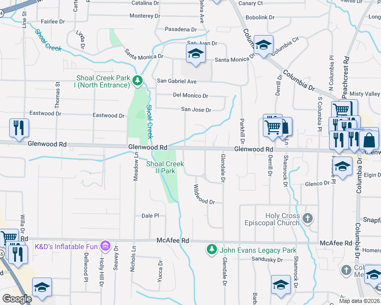 map of restaurants, bars, coffee shops, grocery stores, and more near 3729 Glenwood Road in Decatur