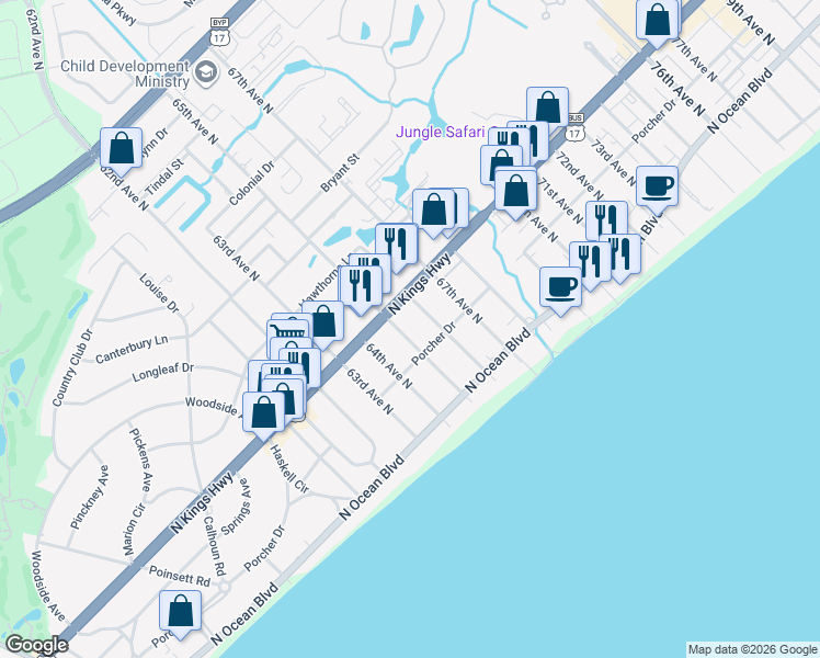 map of restaurants, bars, coffee shops, grocery stores, and more near 404 65th Avenue North in Myrtle Beach