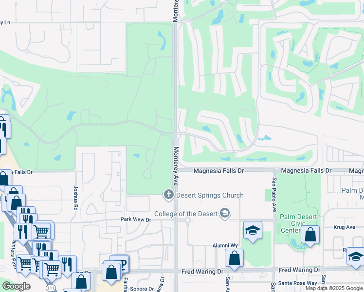 map of restaurants, bars, coffee shops, grocery stores, and more near 128 Castellana West in Palm Desert