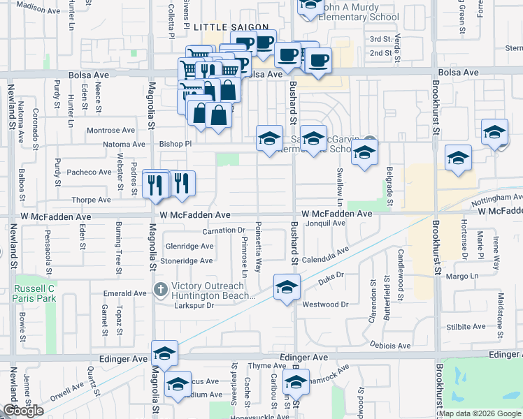 map of restaurants, bars, coffee shops, grocery stores, and more near 9392 Downing Circle in Westminster