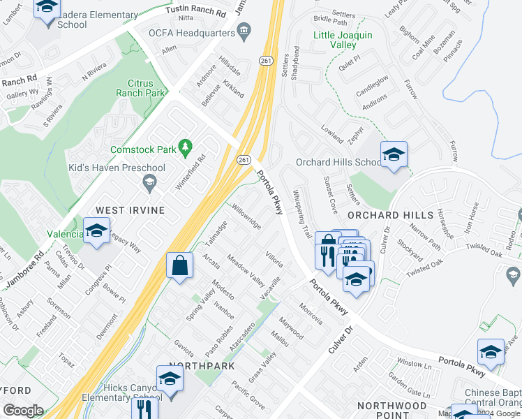 map of restaurants, bars, coffee shops, grocery stores, and more near 11 Carmichael in Irvine