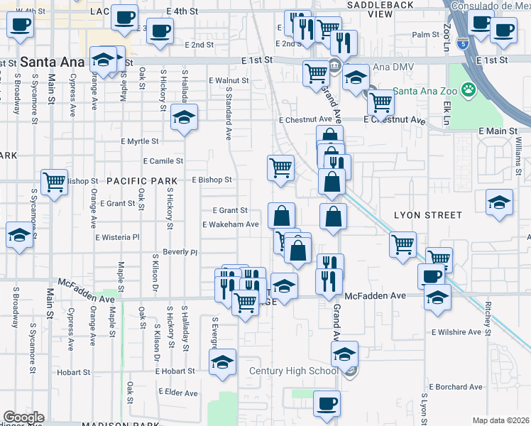 map of restaurants, bars, coffee shops, grocery stores, and more near 805 South Minnie Street in Santa Ana