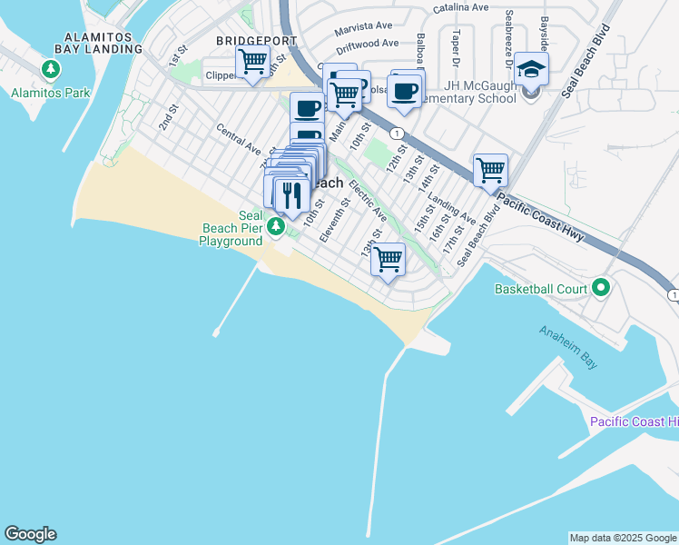 map of restaurants, bars, coffee shops, grocery stores, and more near 1207 East Seal Way in Seal Beach