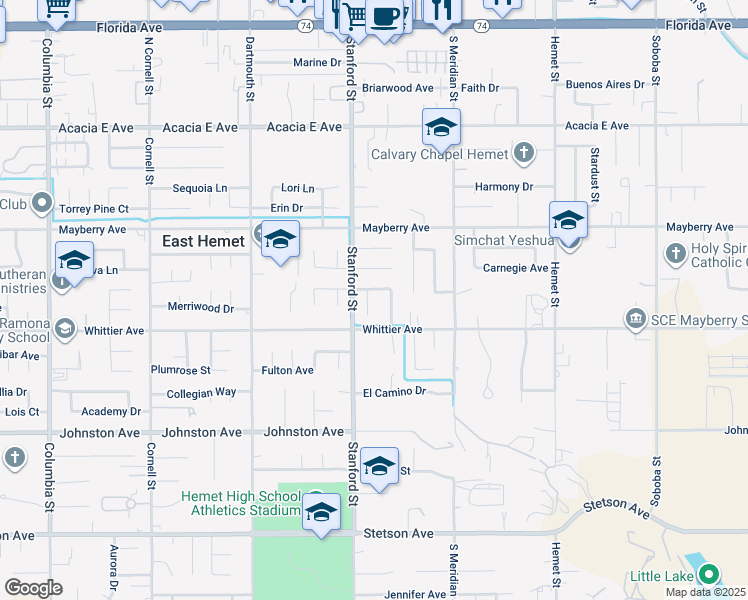 map of restaurants, bars, coffee shops, grocery stores, and more near 26428 Hamre Place in Hemet