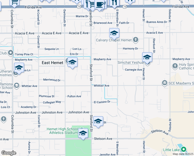 map of restaurants, bars, coffee shops, grocery stores, and more near 26428 Hamre Place in Hemet