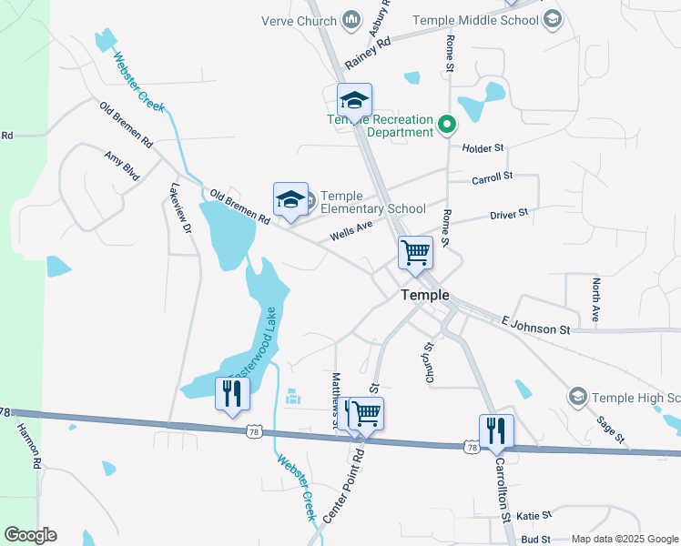 map of restaurants, bars, coffee shops, grocery stores, and more near 84 Old Bremen Road in Temple