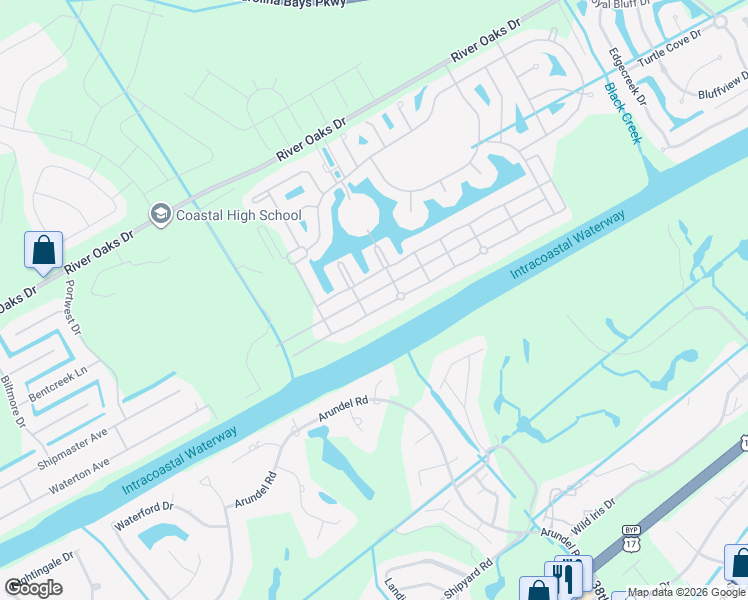 map of restaurants, bars, coffee shops, grocery stores, and more near 267 West Palms Drive in Myrtle Beach