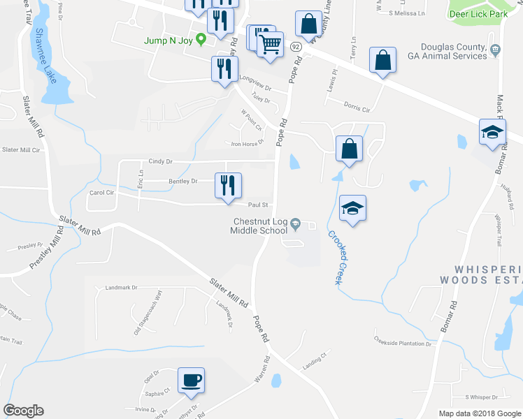 map of restaurants, bars, coffee shops, grocery stores, and more near 3727 Paul Street in Douglasville