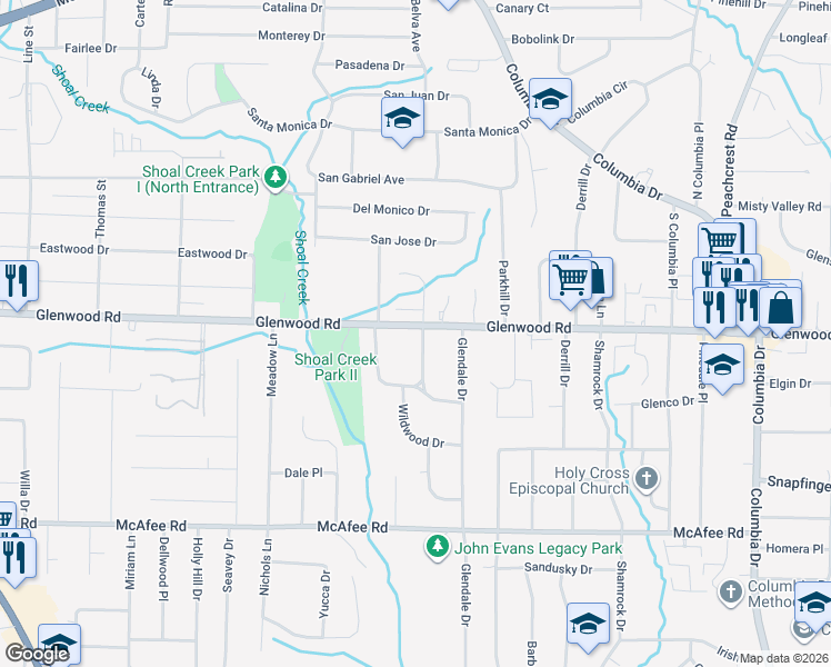 map of restaurants, bars, coffee shops, grocery stores, and more near 3729 Glenwood Road in Decatur