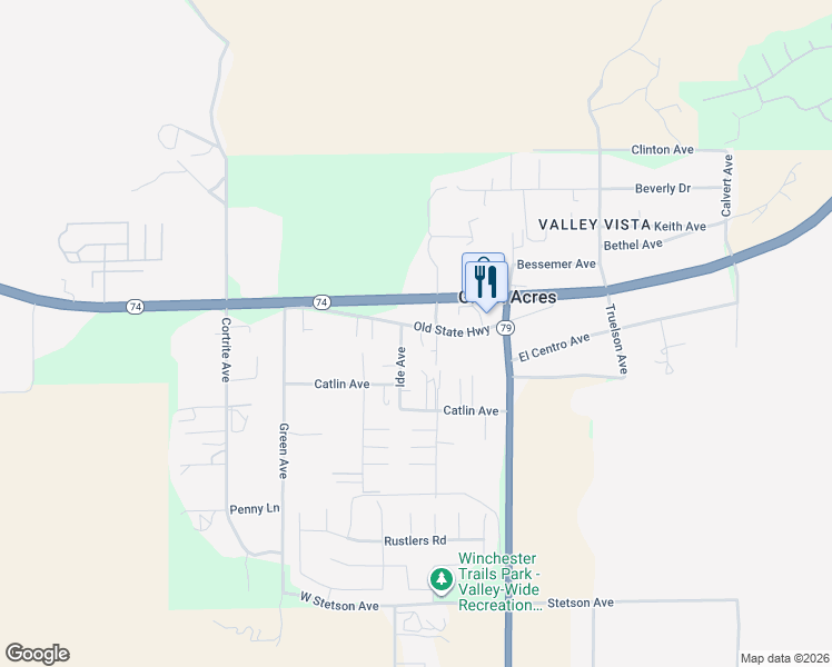 map of restaurants, bars, coffee shops, grocery stores, and more near 33295 Old State Highway in Hemet