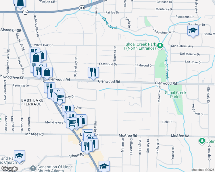 map of restaurants, bars, coffee shops, grocery stores, and more near 3403 Glenwood Road in Decatur
