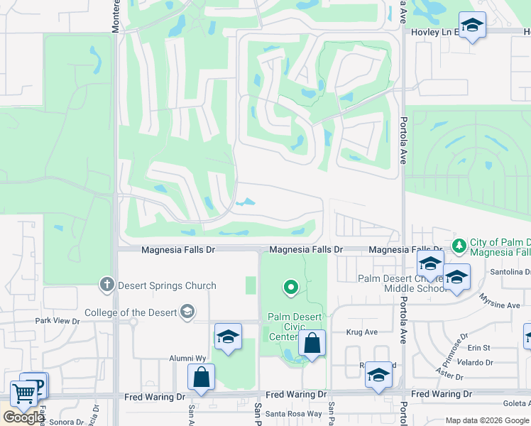 map of restaurants, bars, coffee shops, grocery stores, and more near 250 Calle Del Verano in Palm Desert