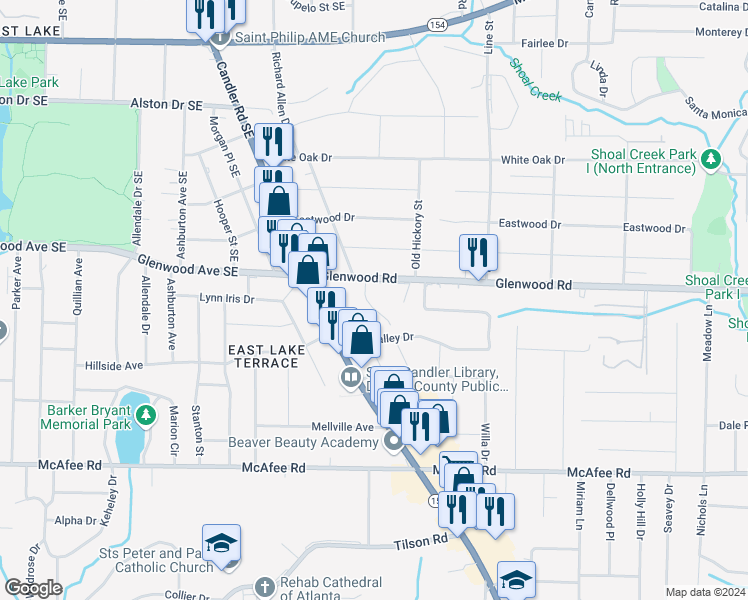 map of restaurants, bars, coffee shops, grocery stores, and more near 1832 Glenhill Place in Decatur