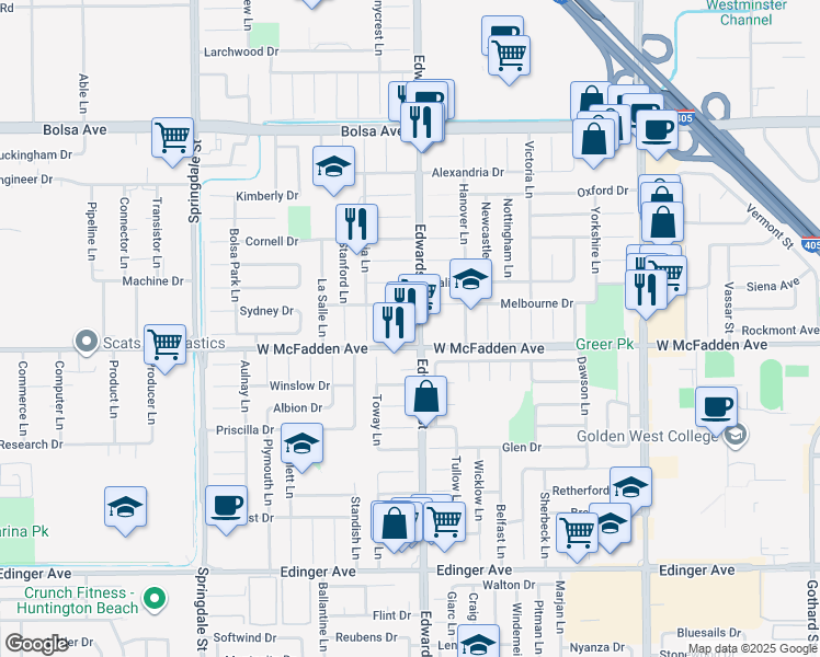 map of restaurants, bars, coffee shops, grocery stores, and more near 15431 Edwards Street in Huntington Beach