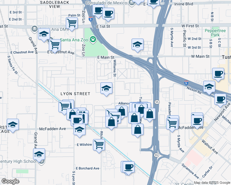 map of restaurants, bars, coffee shops, grocery stores, and more near 15545 Williams Street in Tustin