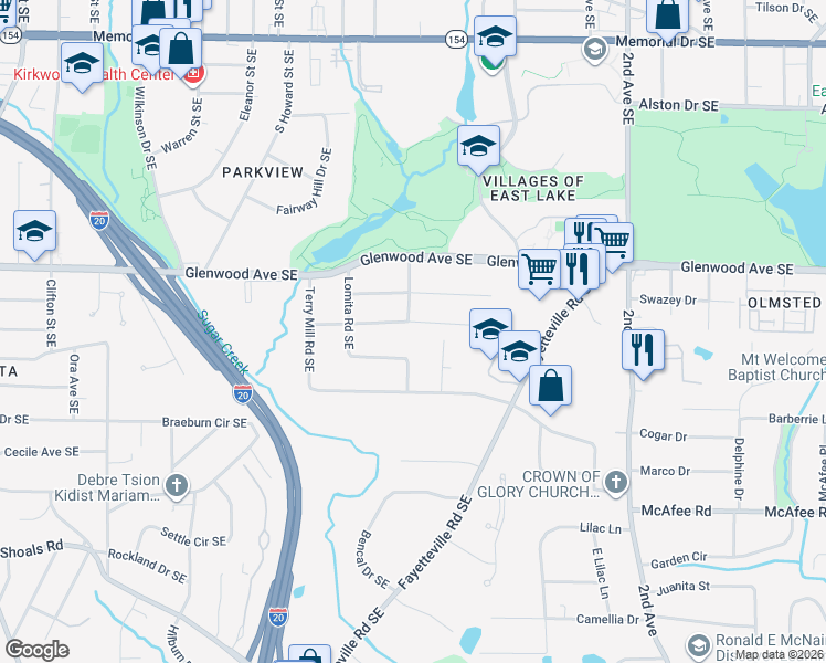 map of restaurants, bars, coffee shops, grocery stores, and more near 1767 Pennington Place Southeast in Atlanta