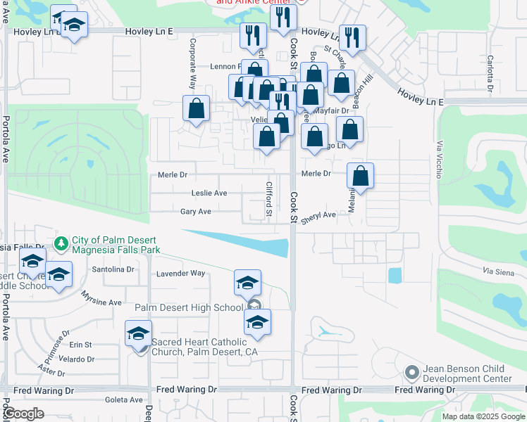 map of restaurants, bars, coffee shops, grocery stores, and more near 15 Clifford Street in Palm Desert
