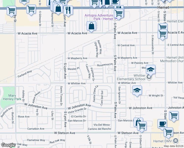 map of restaurants, bars, coffee shops, grocery stores, and more near 1561 Sandlewood Drive in Hemet