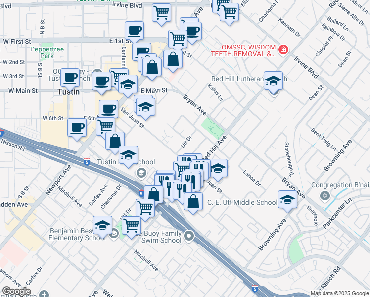 map of restaurants, bars, coffee shops, grocery stores, and more near 13661 Green Valley Drive in Tustin