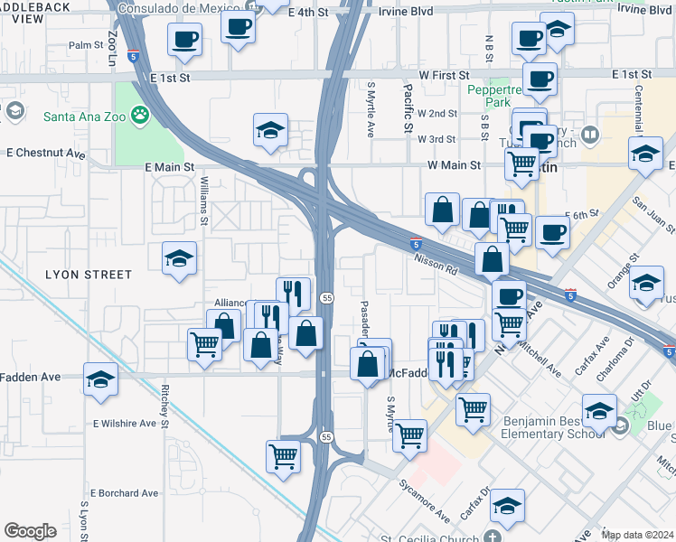 map of restaurants, bars, coffee shops, grocery stores, and more near 15552 Boleyn Circle in Tustin