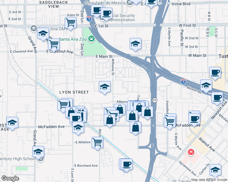 map of restaurants, bars, coffee shops, grocery stores, and more near 15545 Williams Street in Tustin