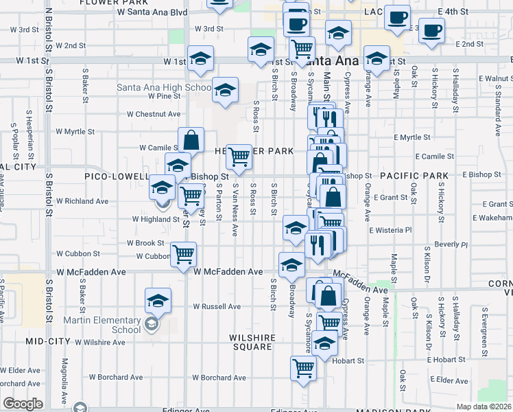 map of restaurants, bars, coffee shops, grocery stores, and more near 708 South Birch Street in Santa Ana