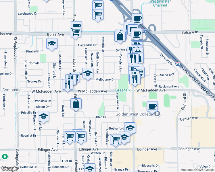 map of restaurants, bars, coffee shops, grocery stores, and more near 15432 Victoria Lane in Huntington Beach