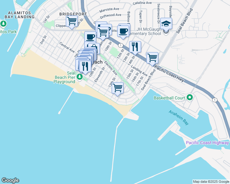 map of restaurants, bars, coffee shops, grocery stores, and more near 114 14th Street in Seal Beach