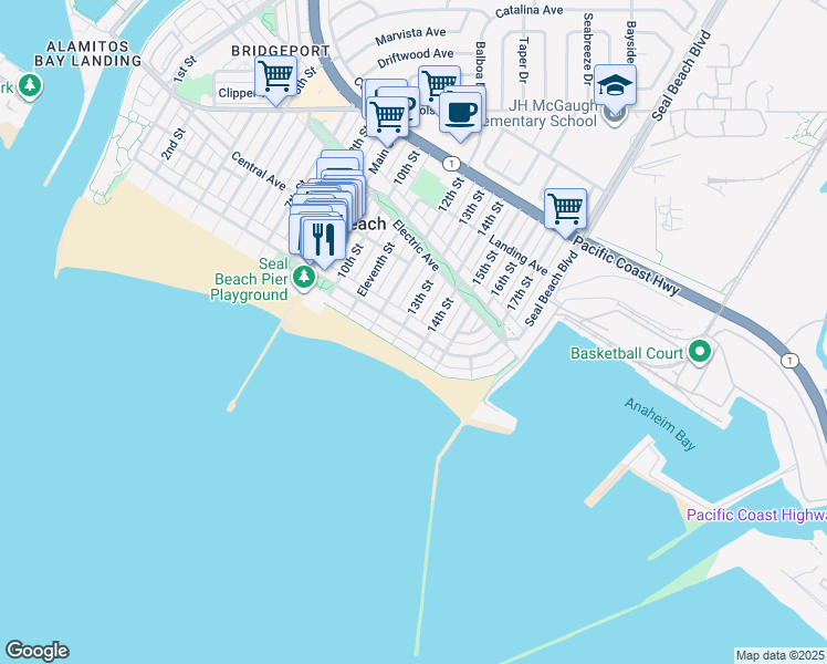 map of restaurants, bars, coffee shops, grocery stores, and more near 10 13th Street in Seal Beach