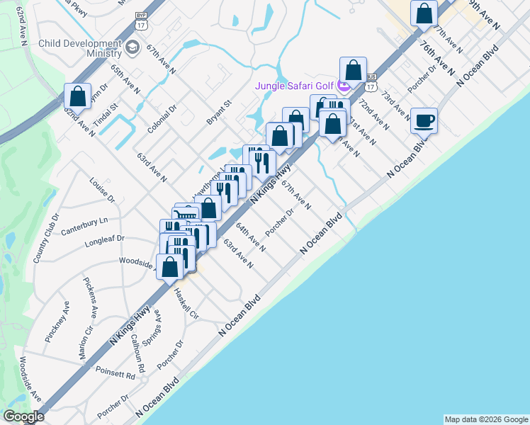 map of restaurants, bars, coffee shops, grocery stores, and more near 404 65th Avenue North in Myrtle Beach