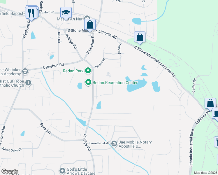 map of restaurants, bars, coffee shops, grocery stores, and more near 6372 Princeton Ridge Drive in Lithonia