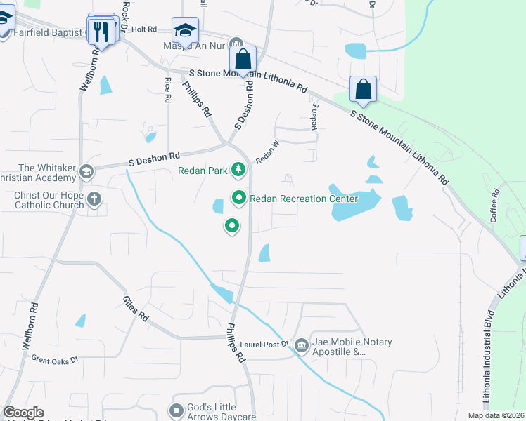 map of restaurants, bars, coffee shops, grocery stores, and more near 6392 Shalks Crossing Drive in Lithonia