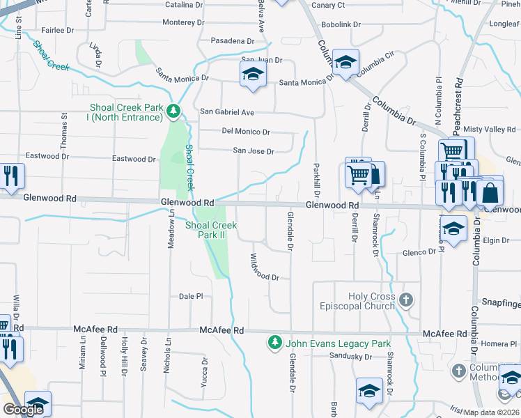 map of restaurants, bars, coffee shops, grocery stores, and more near 3729 Glenwood Road in Decatur