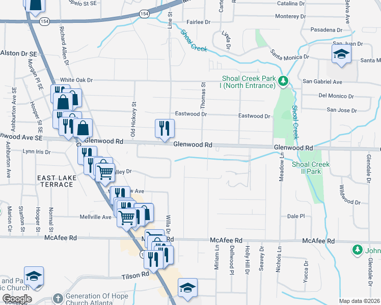 map of restaurants, bars, coffee shops, grocery stores, and more near 3403 Glenwood Road in Decatur